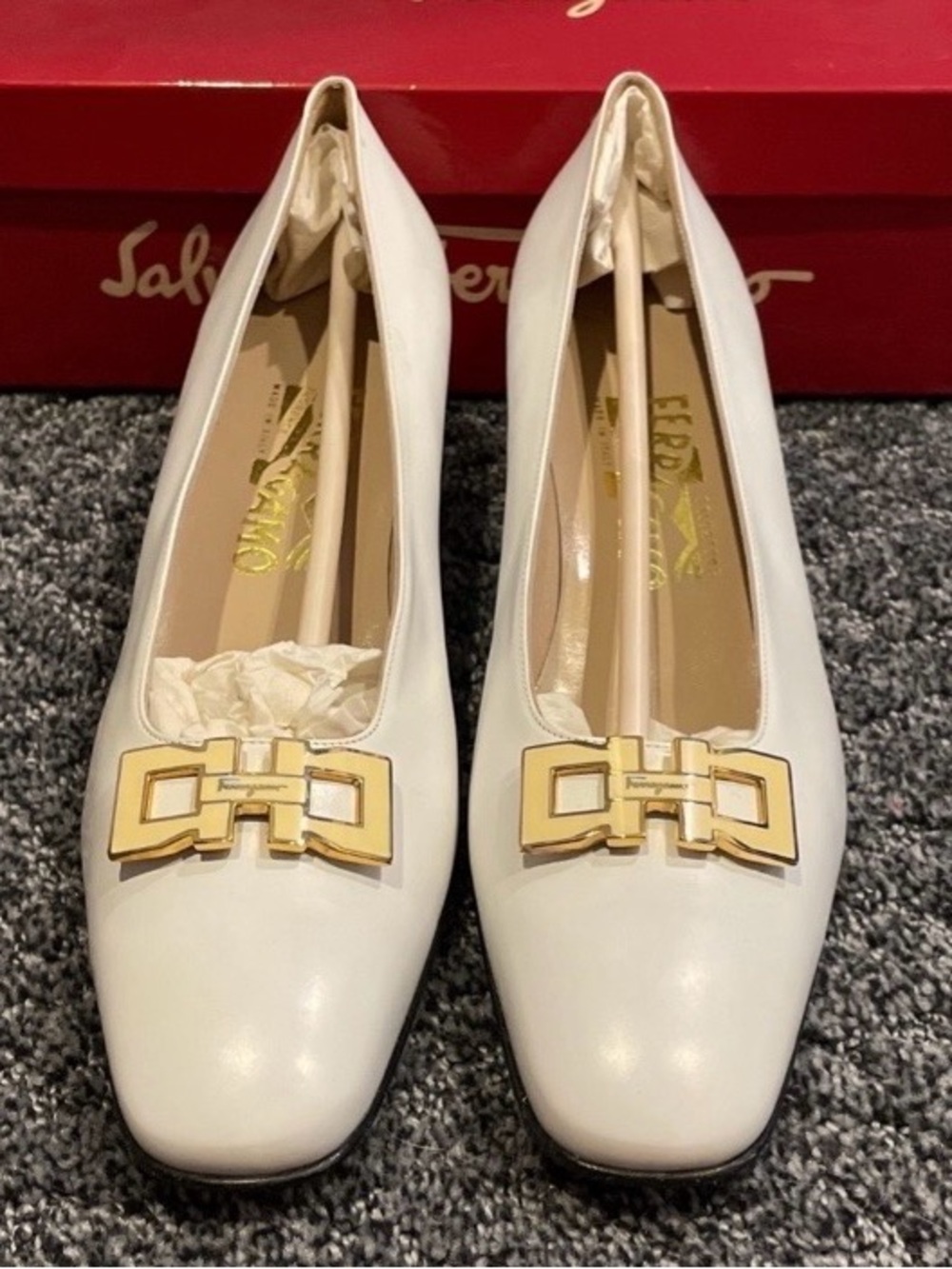 Salvatore Ferragamo White Leather Loafers with Gold Buckle